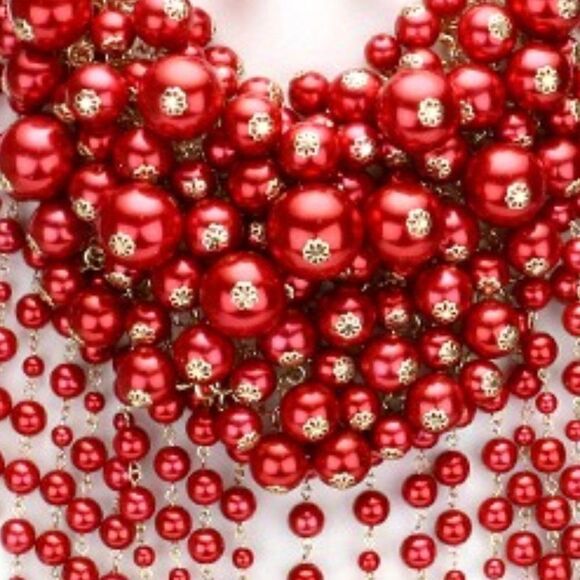 Pearl Strand Red Fringe Bib Necklace & Earrings - Picture 3 of 9